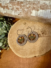Load image into Gallery viewer, Round Folk Art Floral Drop Earrings No. 1, laser engraved, hand painted, wood earrings, nickel free