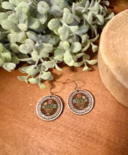 Load image into Gallery viewer, Round Folk Art Floral Drop Earrings No. 2, laser engraved, hand painted, wood earrings, nickel free