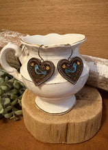 Load image into Gallery viewer, Heart Folk Art Drop Earrings No. 1, laser engraved, handpainted, wood earrings, nickel free