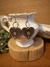 Load image into Gallery viewer, Heart Folk Art Drop Earrings No. 2, laser engraved, handpainted, wood earrings, nickel free