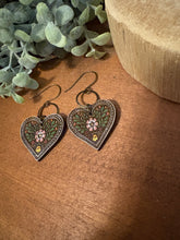 Load image into Gallery viewer, Heart Folk Art Drop Earrings No. 2, laser engraved, handpainted, wood earrings, nickel free