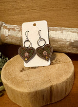 Load image into Gallery viewer, Heart Folk Art Drop Earrings No. 2, laser engraved, handpainted, wood earrings, nickel free