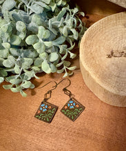 Load image into Gallery viewer, Diamond Shaped Folk Art Flower Dangle Earrings No. 1, laser engraved, handpainted, wood earrings, nickel free