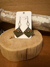 Load image into Gallery viewer, Diamond Shaped Folk Art Flower Dangle Earrings No. 1, laser engraved, handpainted, wood earrings, nickel free