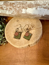 Load image into Gallery viewer, Diamond Shaped Folk Art Flower Dangle Earrings No. 2, laser engraved, handpainted, wood earrings, nickel free