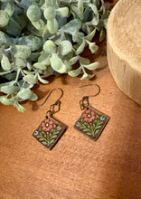 Load image into Gallery viewer, Diamond Shaped Folk Art Flower Dangle Earrings No. 2, laser engraved, handpainted, wood earrings, nickel free
