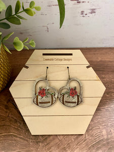 Heart Floral Football Earrings, Dangle Earrings, Sports Earrings, Team Pride, Hypoallergenic, Gift for Her, Laser engraved wood