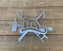 Load image into Gallery viewer, Fire Fighter Emblem, firefighter decor, gift for firefighter, fireman sign, Metal Decor