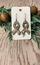 Load image into Gallery viewer, Floral Cancer Awareness Ribbon Wood Earrings, Handmade Pink Floral Earrings, Cancer Support Jewelry, Gifts for Cancer Survivors