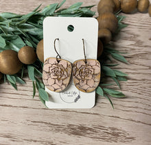 Load image into Gallery viewer, Laser Engraved U-Shaped Pink Floral Earrings, Handmade Wooden Earrings, Boho Chic Statement Jewelry, Gift for Her