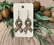 Load image into Gallery viewer, Floral Cancer Awareness Ribbon Wood Earrings, Handmade Pink Floral Earrings, Cancer Support Jewelry, Gifts for Cancer Survivors