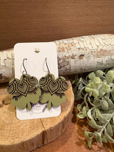 Load image into Gallery viewer, Shamrock Mandala Drop Earrings, laser engraved, handpainted, wood earrings, nickel free