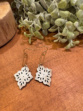 Load image into Gallery viewer, Quatrefoil shape Dangle Earrings, laser engraved, handpainted, wood earrings, nickel free