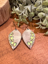 Load image into Gallery viewer, Eucalyptus Drop Earrings, laser engraved, handpainted, wood earrings, nickel free