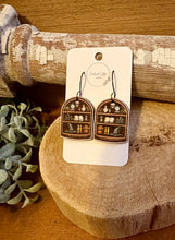 Load image into Gallery viewer, Skull Bookcase Version 2 Drop Earrings, laser engraved, hand painted, wood earrings, nickel free
