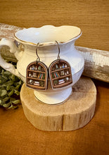 Load image into Gallery viewer, Owl and Witch Hat Bookcase Version 3 Drop Earrings, laser engraved, hand painted, wood earrings, nickel free
