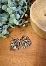 Load image into Gallery viewer, Owl and Witch Hat Bookcase Version 3 Drop Earrings, laser engraved, hand painted, wood earrings, nickel free