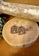 Load image into Gallery viewer, Owl and Witch Hat Bookcase Version 3 Drop Earrings, laser engraved, hand painted, wood earrings, nickel free