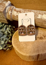 Load image into Gallery viewer, Owl and Witch Hat Bookcase Version 3 Drop Earrings, laser engraved, hand painted, wood earrings, nickel free