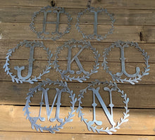Load image into Gallery viewer, 12 Inch Monogram Wreath - Metal Decor - Door Hanger - Laurel Wreath - Farmhouse Wreath
