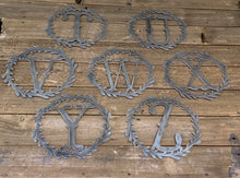 Load image into Gallery viewer, 12 Inch Monogram Wreath - Metal Decor - Door Hanger - Laurel Wreath - Farmhouse Wreath