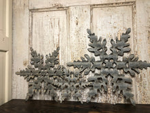 Load image into Gallery viewer, Set of 3 Fancy (small, medium and large) -Corrugated metal snowflakes - holiday decor - Christmas- Winter decor
