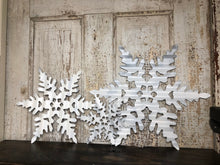 Load image into Gallery viewer, Set of 3 Fancy (small, medium and large) -Corrugated metal snowflakes - holiday decor - Christmas- Winter decor