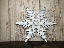 Load image into Gallery viewer, Set of 3 Fancy (small, medium and large) -Corrugated metal snowflakes - holiday decor - Christmas- Winter decor