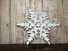 Load image into Gallery viewer, 8 inch (small) natural or white - snowflake Fancy Corrugated metal snowflakes - holiday decor - Christmas- Winter decor