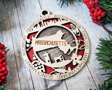 Load image into Gallery viewer, State Ornament - Wood USA Ornament - Christmas Ornament - Massachusetts Ornament