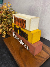 Load image into Gallery viewer, Fall Word Stack, Pumpkin, Hay Rides and Bonfires, Wood Shelf Sitter, Tiered Tray Decor