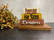 Load image into Gallery viewer, Fall Word Stack, Pumpkin, Hay Rides and Bonfires, Wood Shelf Sitter, Tiered Tray Decor