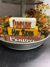 Load image into Gallery viewer, Fall Word Stack, Pumpkin, Hay Rides and Bonfires, Wood Shelf Sitter, Tiered Tray Decor