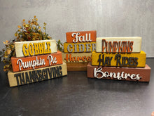 Load image into Gallery viewer, Fall Word Stack, Fall, Cider and Harvest, Wood Shelf Sitter, Tiered Tray Decor
