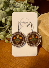 Load image into Gallery viewer, Round Folk Art Floral Drop Earrings No. 1, laser engraved, hand painted, wood earrings, nickel free
