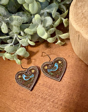 Load image into Gallery viewer, Heart Folk Art Drop Earrings No. 1, laser engraved, handpainted, wood earrings, nickel free
