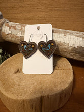 Load image into Gallery viewer, Heart Folk Art Drop Earrings No. 1, laser engraved, handpainted, wood earrings, nickel free
