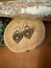 Load image into Gallery viewer, Heart Folk Art Drop Earrings No. 2, laser engraved, handpainted, wood earrings, nickel free
