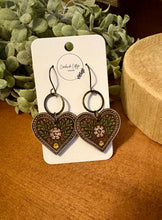 Load image into Gallery viewer, Heart Folk Art Drop Earrings No. 2, laser engraved, handpainted, wood earrings, nickel free
