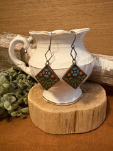 Load image into Gallery viewer, Diamond Shaped Folk Art Flower Dangle Earrings No. 1, laser engraved, handpainted, wood earrings, nickel free
