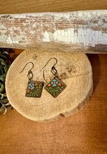 Load image into Gallery viewer, Diamond Shaped Folk Art Flower Dangle Earrings No. 1, laser engraved, handpainted, wood earrings, nickel free
