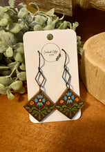 Load image into Gallery viewer, Diamond Shaped Folk Art Flower Dangle Earrings No. 1, laser engraved, handpainted, wood earrings, nickel free

