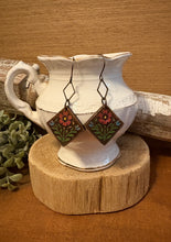 Load image into Gallery viewer, Diamond Shaped Folk Art Flower Dangle Earrings No. 2, laser engraved, handpainted, wood earrings, nickel free
