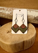 Load image into Gallery viewer, Diamond Shaped Folk Art Flower Dangle Earrings No. 2, laser engraved, handpainted, wood earrings, nickel free
