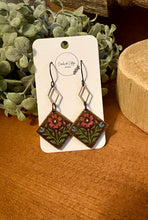 Load image into Gallery viewer, Diamond Shaped Folk Art Flower Dangle Earrings No. 2, laser engraved, handpainted, wood earrings, nickel free
