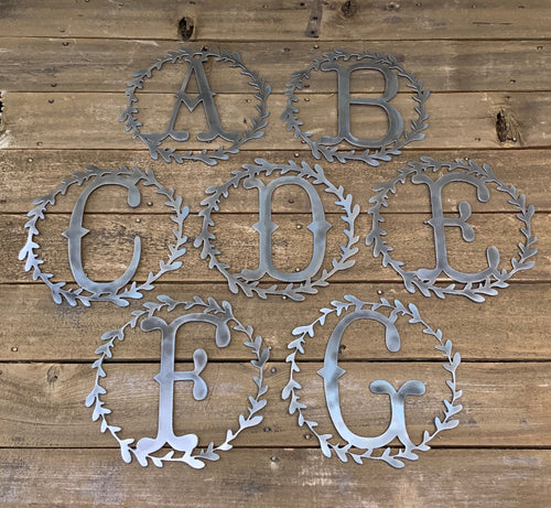Farmhouse Decor - Monogram Wreath - Metal Decor - Door Hanger - Laurel Wreath