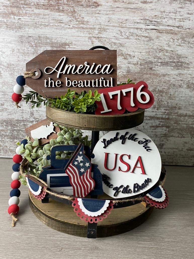 Land of the Brave Tiered Tray set, Patriotic decor, tiered tray decor