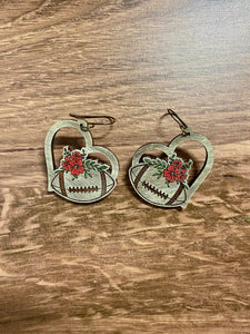 Heart Floral Football Earrings, Dangle Earrings, Sports Earrings, Team Pride, Hypoallergenic, Gift for Her, Laser engraved wood, Z276