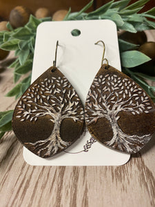 Distressed Wood Reverse Engraved Giving Tree Earrings - Unique Handmade Jewelry - Boho Chic Gifts - Nature-Inspired Accessories