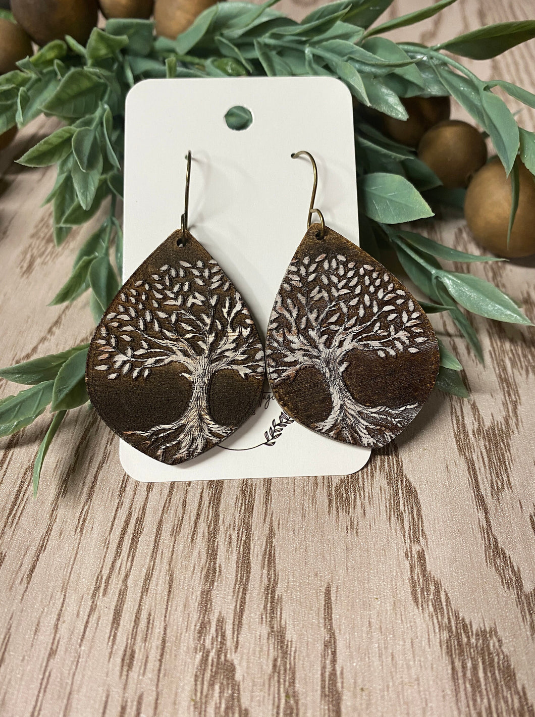 Distressed Wood Reverse Engraved Giving Tree Earrings - Unique Handmade Jewelry - Boho Chic Gifts - Nature-Inspired Accessories